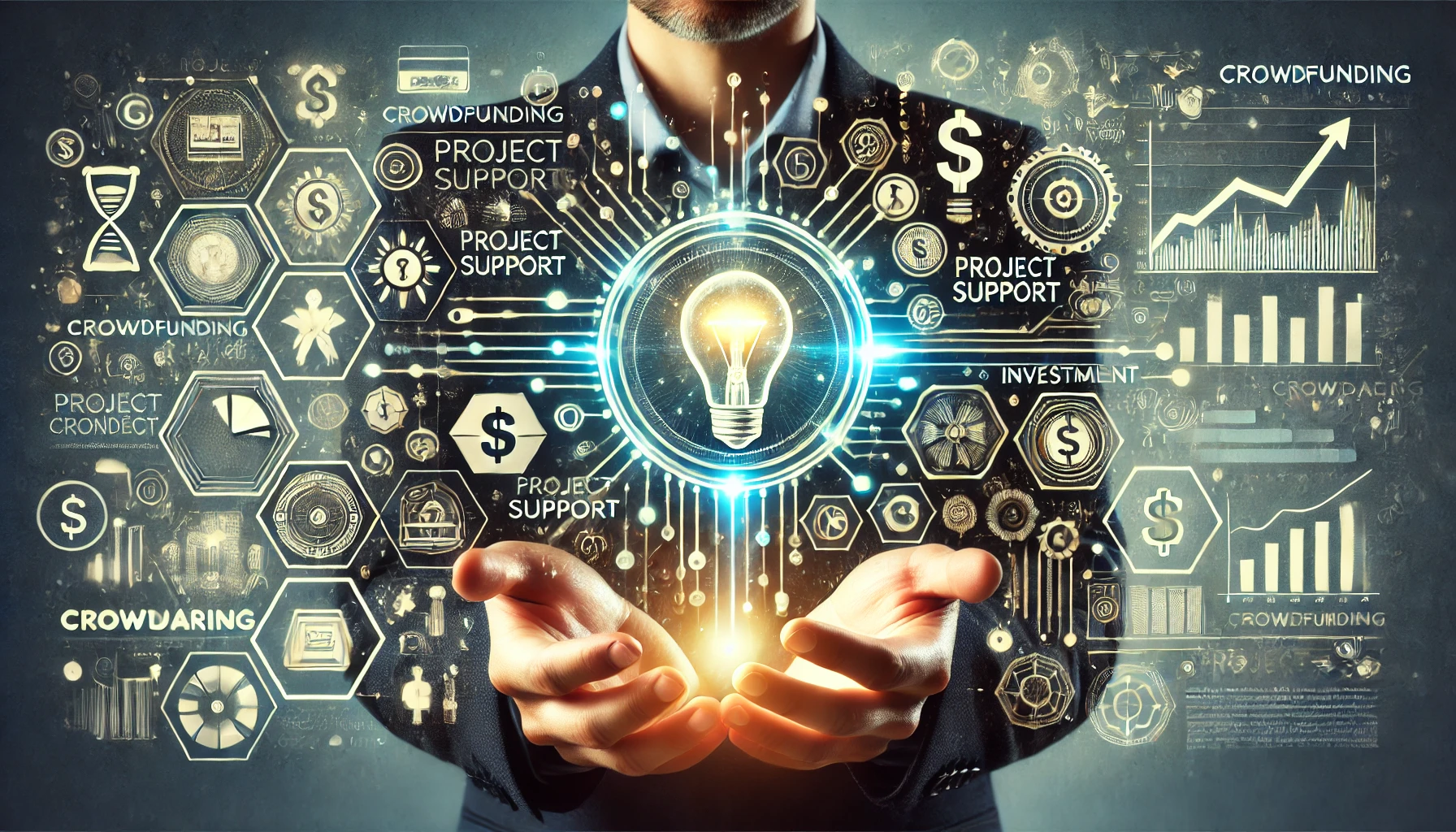 DALL·E 2024-11-13 01.04.37 - A large, impactful image representing the concept of crowdfunding from the perspective of a project creator seeking funding. Show a person presenting